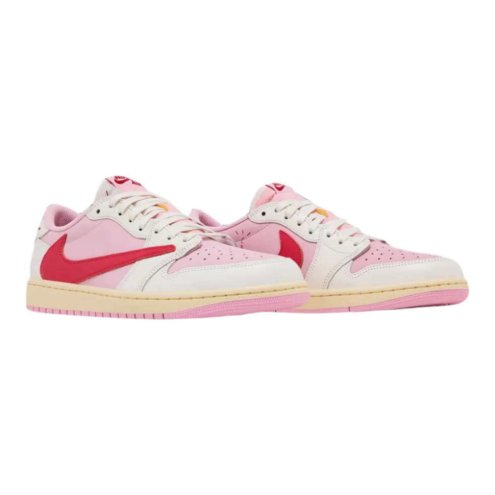 נעלי Travis Scott x Air Jordan 1 Low OG בצבע ורוד ולבן מעור יוקרתי