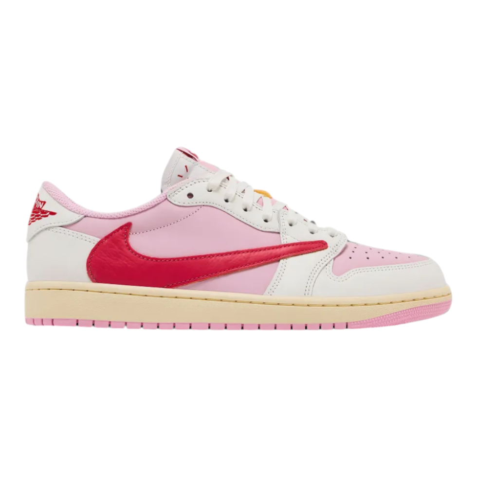 נעלי Travis Scott x Air Jordan 1 Low OG בצבע ורוד ולבן מעור יוקרתי