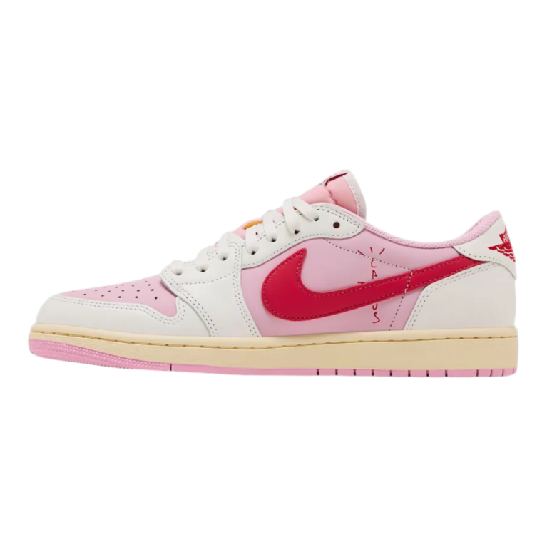 נעלי Travis Scott x Air Jordan 1 Low OG בצבע ורוד ולבן מעור יוקרתי